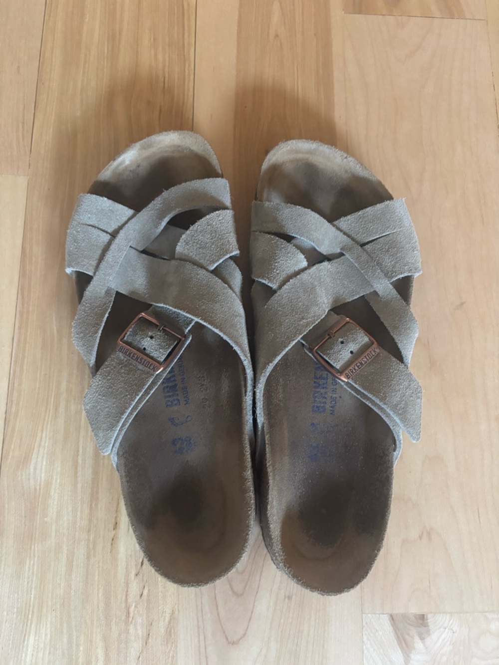 Birkenstock Women’s Taupe Crisscross Suede Slide Sandals -Lugano Soft Footbed